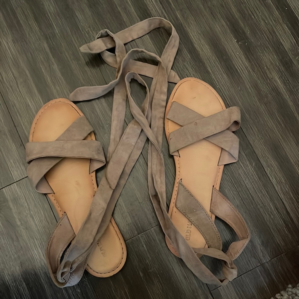 Brown/gray suede tie up sandals from Old Navy.